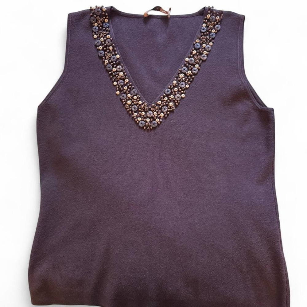 Belldini Dark Brown Wooden Beaded V-neck ribbed tank size XL
